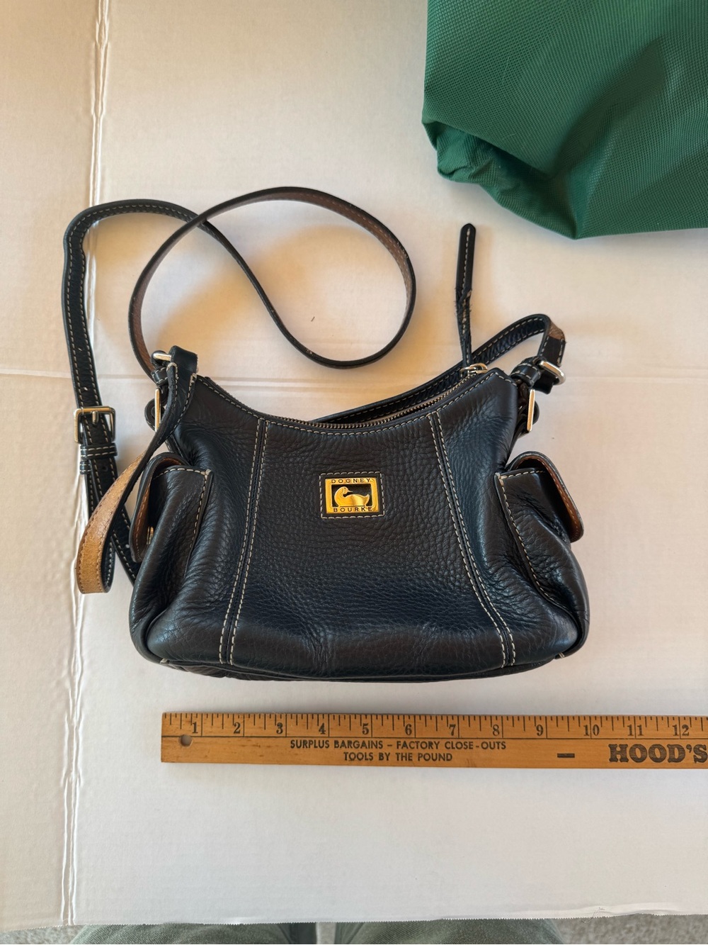 Dooney & Bourke Black Pebbled Leather Crossbody Bag Gold Logo Side Pockets